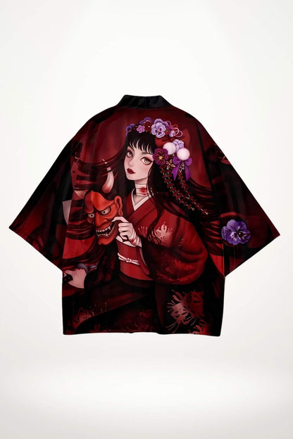 Cardigan kimono noir et rouge avec motifs floraux et personnage féminin tenant un masque, style manga