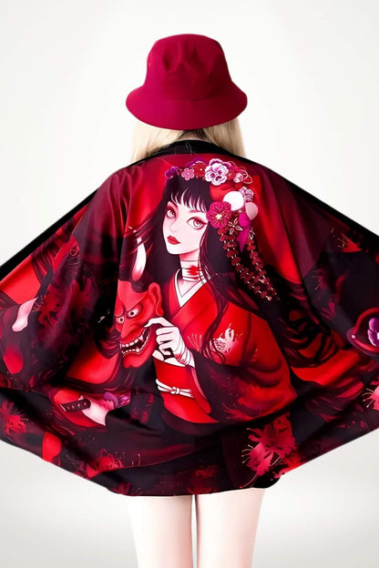 Cardigan kimono rouge avec motifs de femme au style manga, décor floral et chapeau assorti