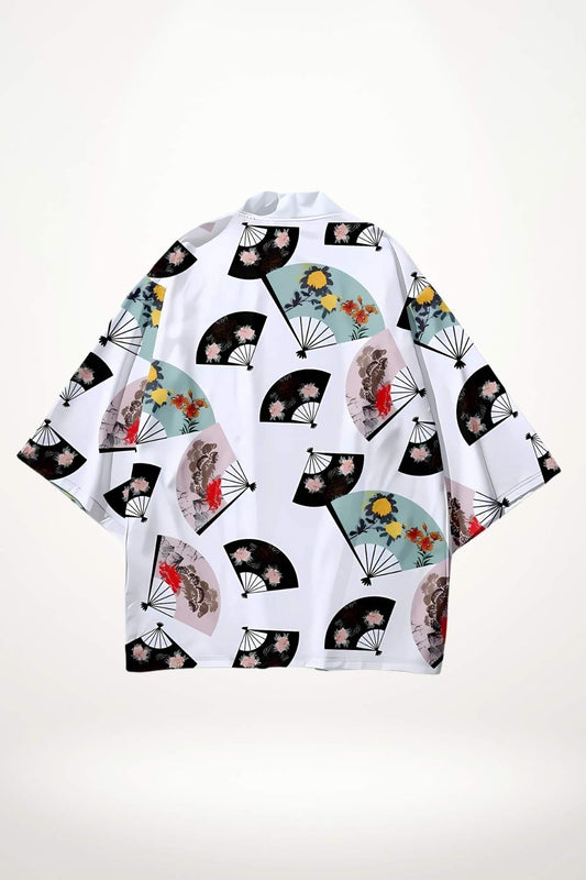 Cardigan kimono femme blanc motif éventails noirs et fleurs pastel, coupe fluide mi‑cuisses, manches larges. 
