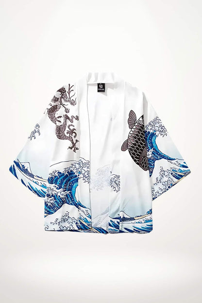 Cardigan kimono blanc avec motifs de vagues bleues et dragon, tissu léger et ample, style japonais élégant