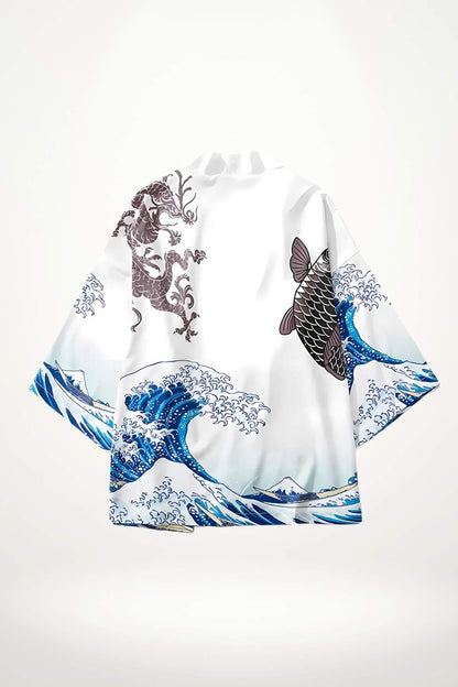 Cardigan kimono blanc avec motifs de vagues bleues et dragon sur fond clair, style japonais moderne