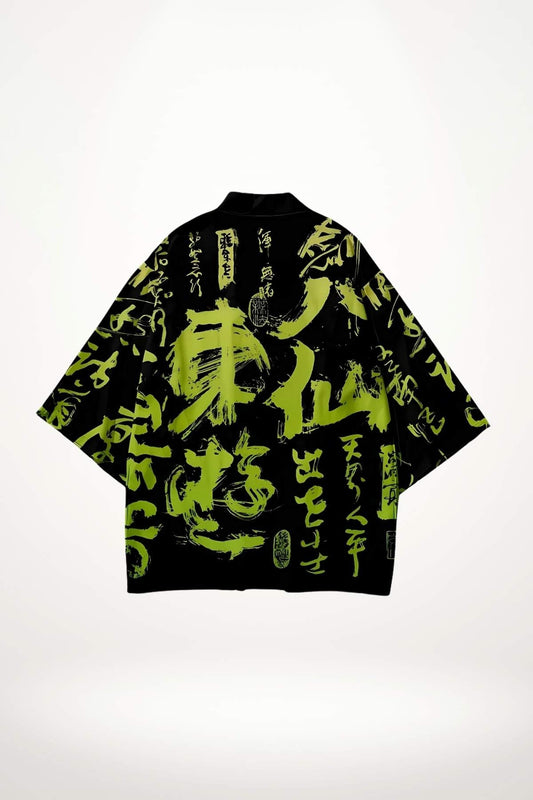Cardigan kimono femme noir à motifs calligraphies japonaises vert fluo style Tokyoïte
