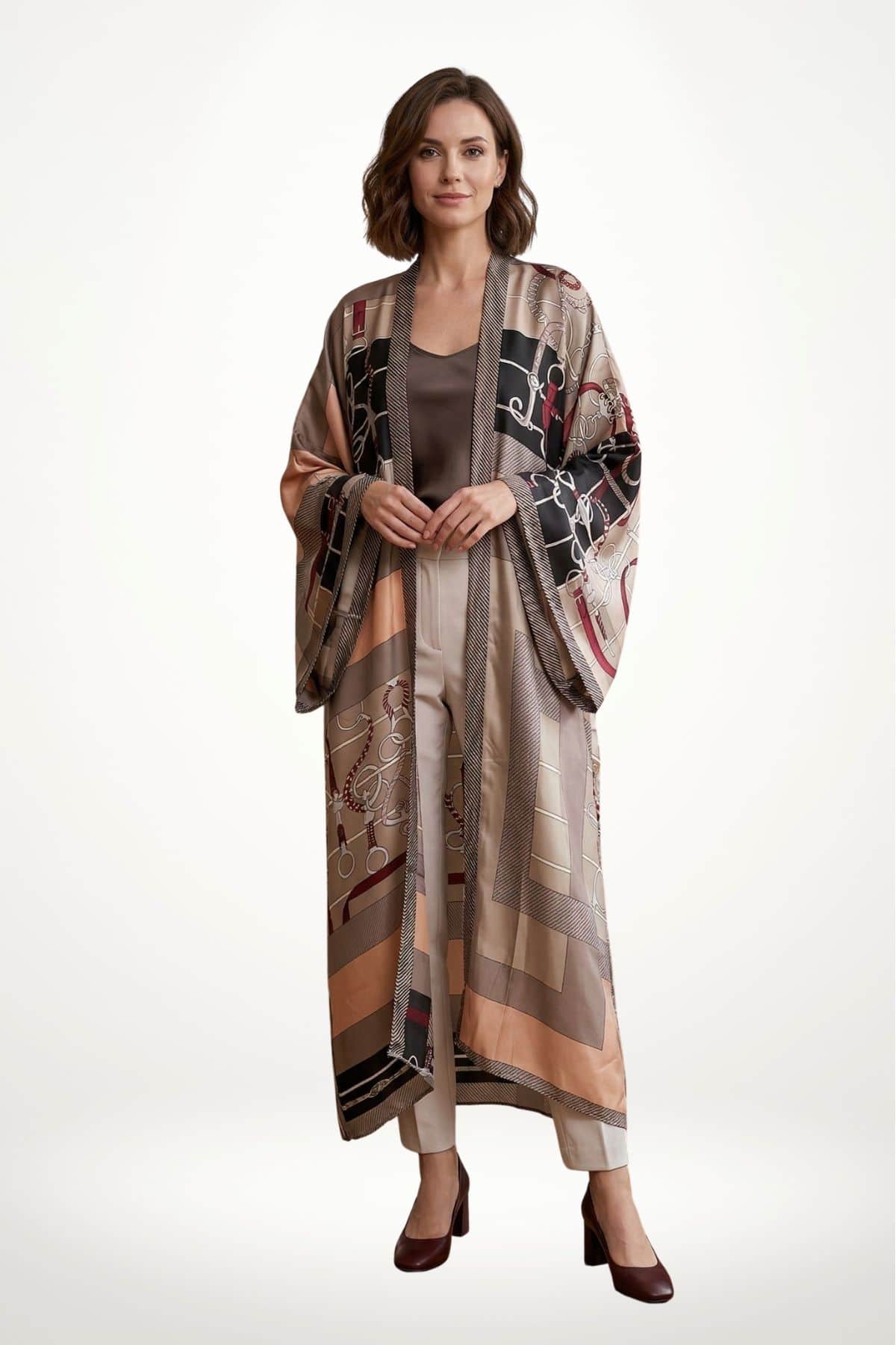 Femme souriante portant un cardigan kimono aux motifs géométriques, dans des tons beige, noir et rouge, sur un fond clair