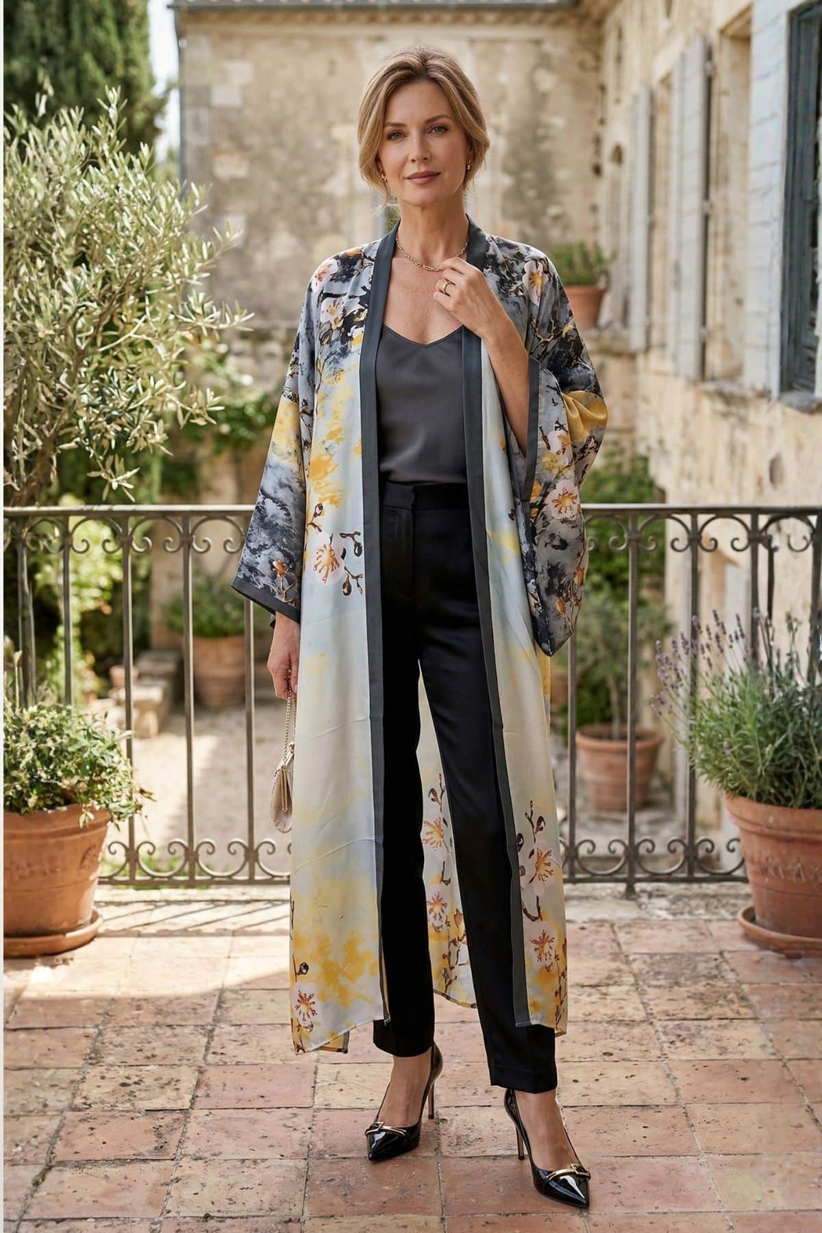Femme portant un cardigan kimono aux motifs floraux, en soie, avec un pantalon noir et des escarpins, dans un décor