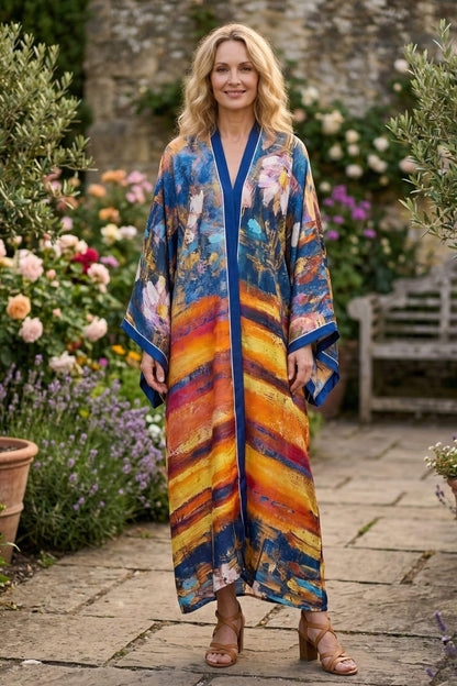 Femme souriante portant un cardigan kimono coloré avec des motifs floraux, dans un jardin fleuri et ensoleillé