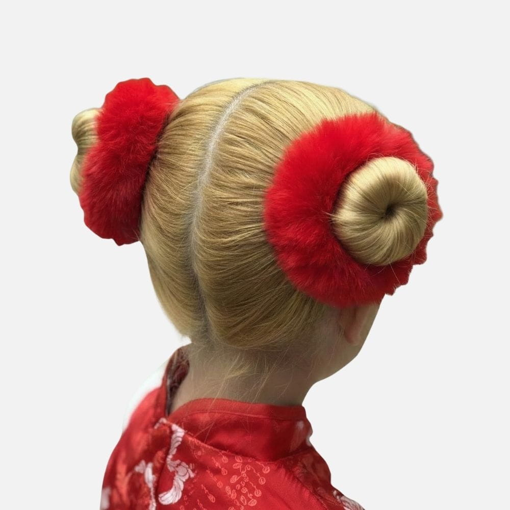 Coiffure traditionnelle avec deux chignons blonds ornés de pompons rouges sur fond neutre
