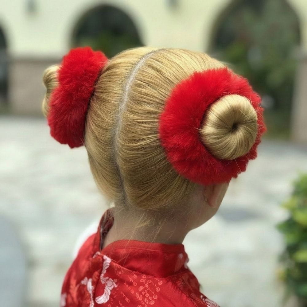 Coiffure en chignons blonds ornés de pompons rouges, vêtue d'un kimono rouge, décor extérieur flou