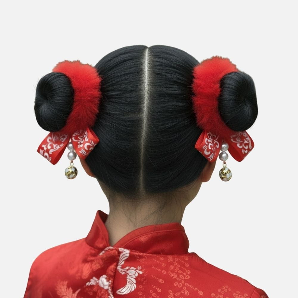 Coiffure en chignons noirs ornés de pompons rouges et de rubans, avec un kimono rouge à motifs floraux