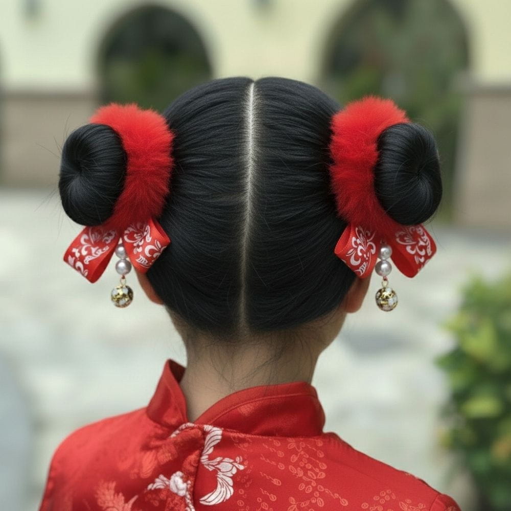 Coiffure traditionnelle avec deux chignons noirs ornés de pompons rouges et de rubans, sur fond de décor naturel