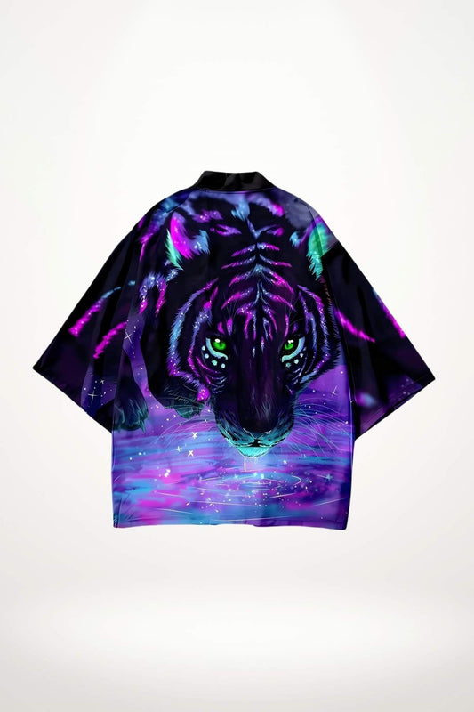 Haut kimono femme streetstyle japonais noir avec tigre néon violet et yeux verts
