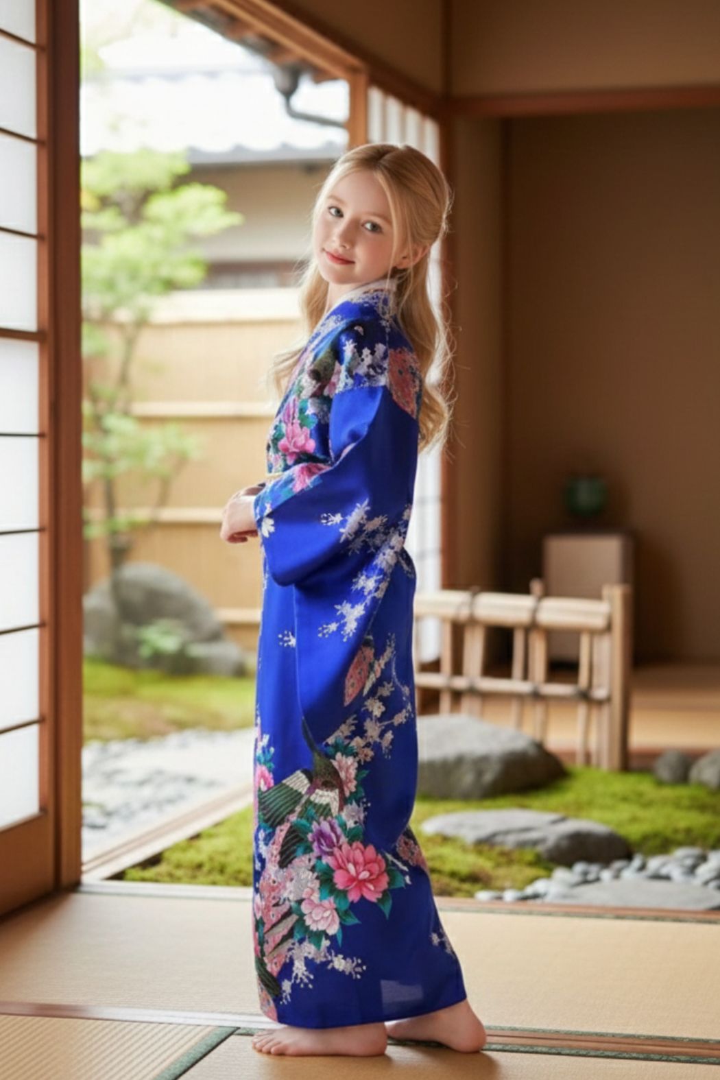 Une fille de profile porte un kimono bleu vif orné de fleurs roses et de motifs traditionnels, avec des manches larges sur un arrière plan japonais