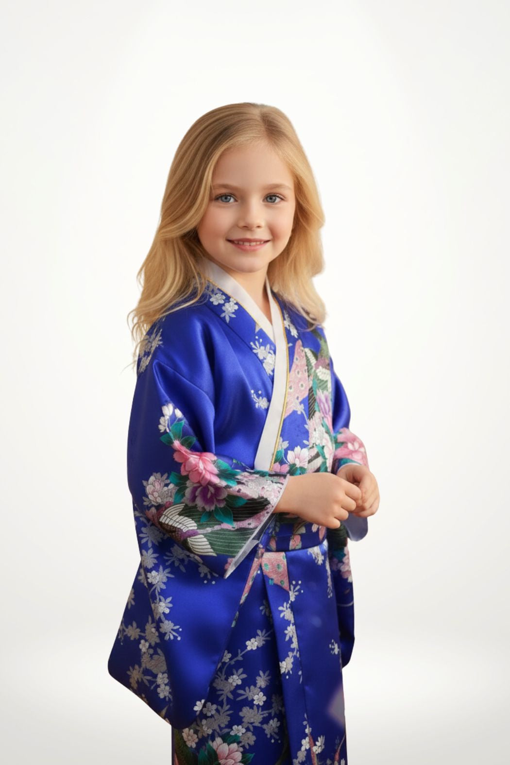 Une fille porte un kimono bleu vif orné de fleurs roses et de motifs traditionnels, avec des manches larges