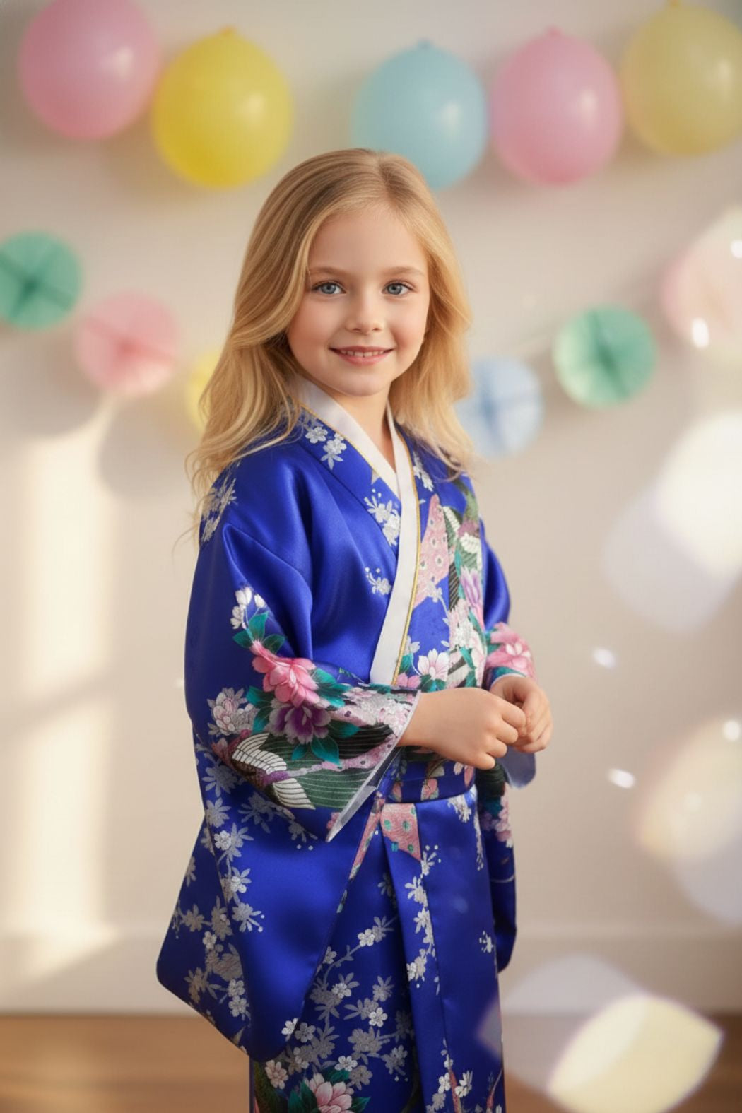 Fille souriante en kimono bleu vif orné de fleurs roses et blanches, posant sur fond d'anniversaire avec des ballons