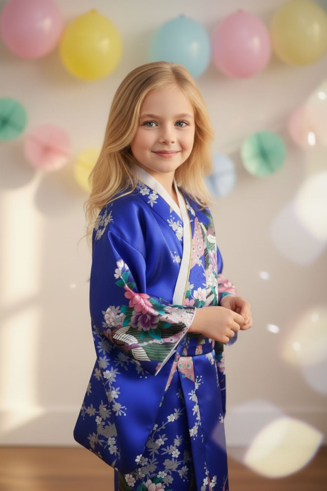 Une jeune fille blonde porte un kimono bleu vif orné de fleurs roses et de motifs traditionnels, avec des manches larges à une fête d'anniversaire