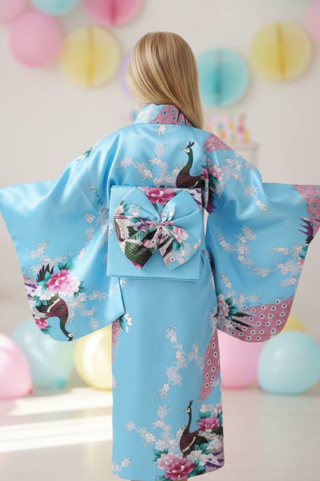 Une jeune fille blonde porte un kimono bleu orné de motifs floraux et de paons, avec un nœud décoratif dans le dos