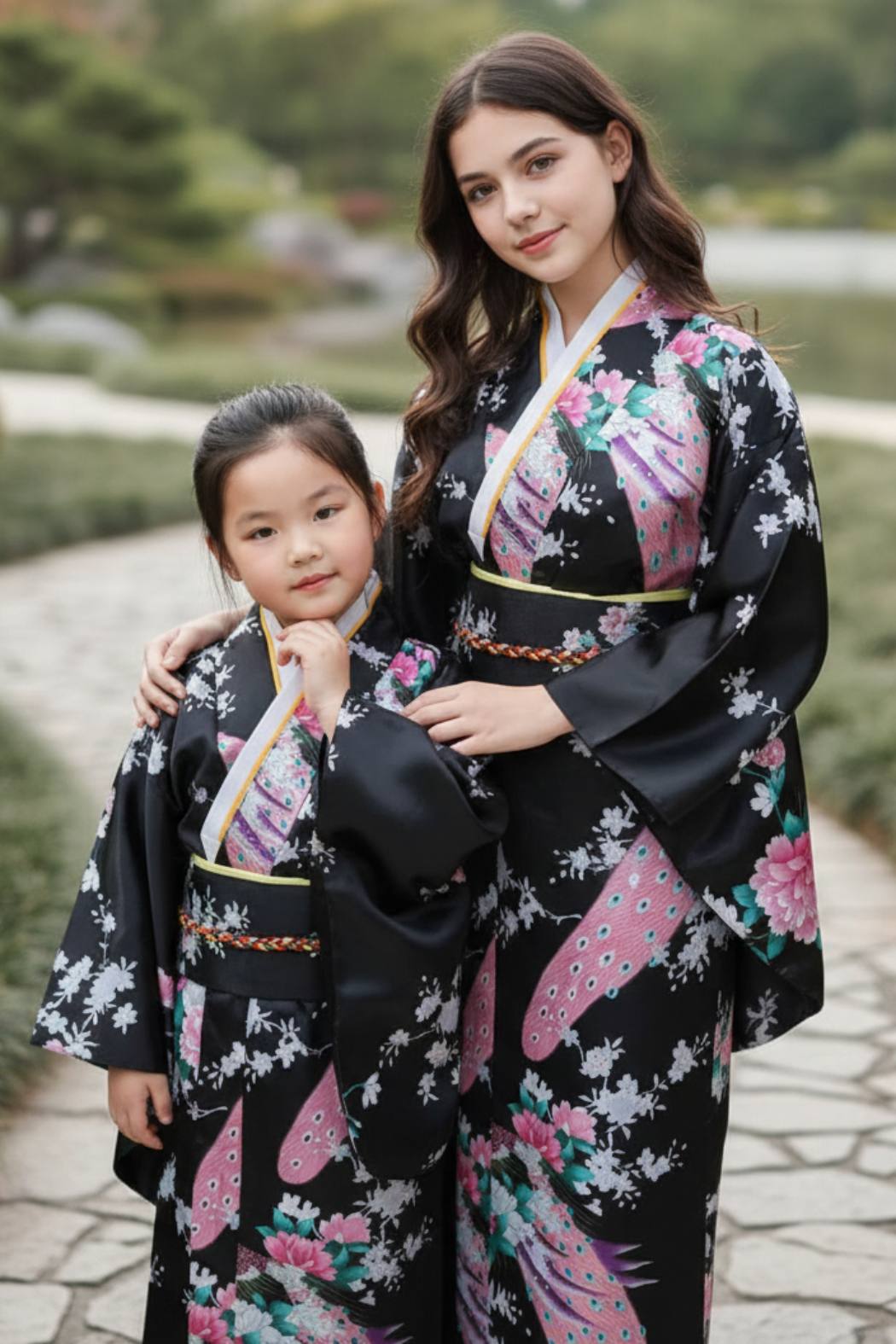 deux jeunes Filles en kimono noir orné de fleurs roses et blanches, posant avec élégance dans un jardin zen