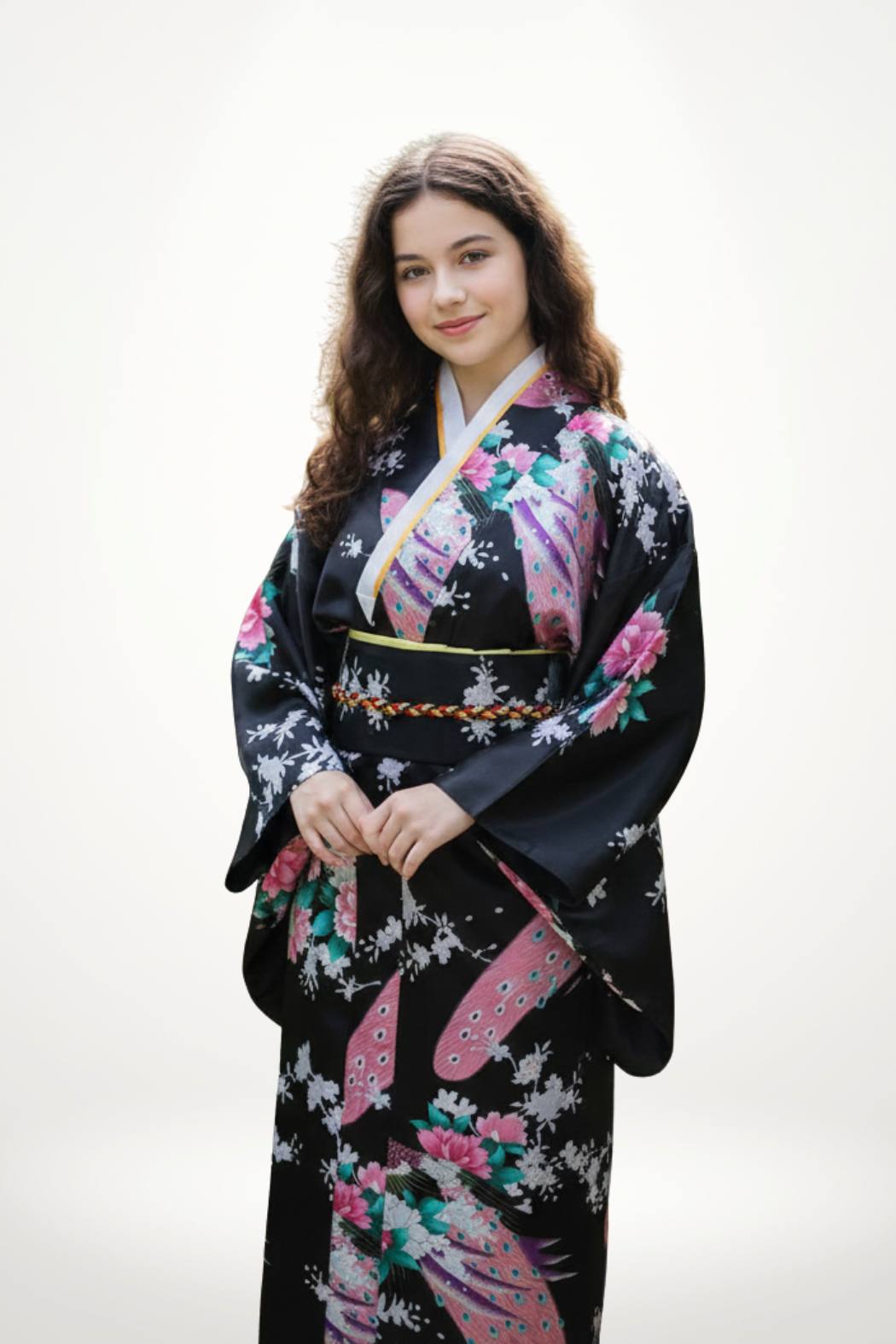Fille en kimono noir orné de fleurs roses et blanches, posant avec élégance sur fond clair