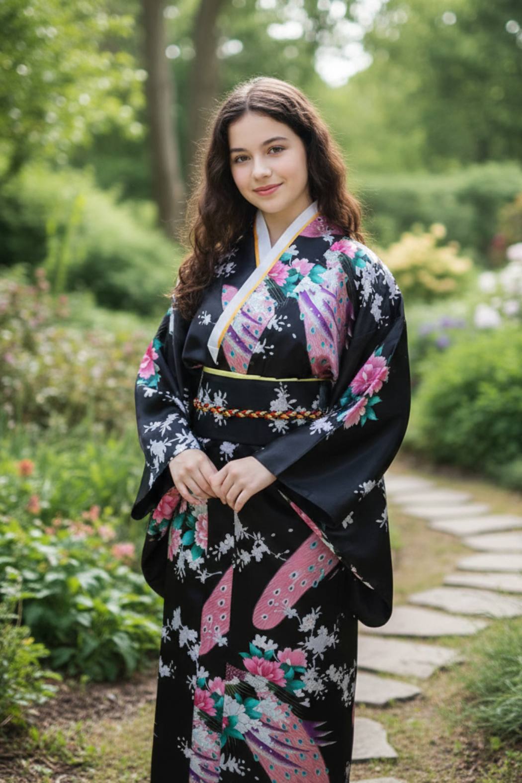 Fille en kimono noir orné de fleurs roses et blanches, posant avec élégance dans un jardin zen
