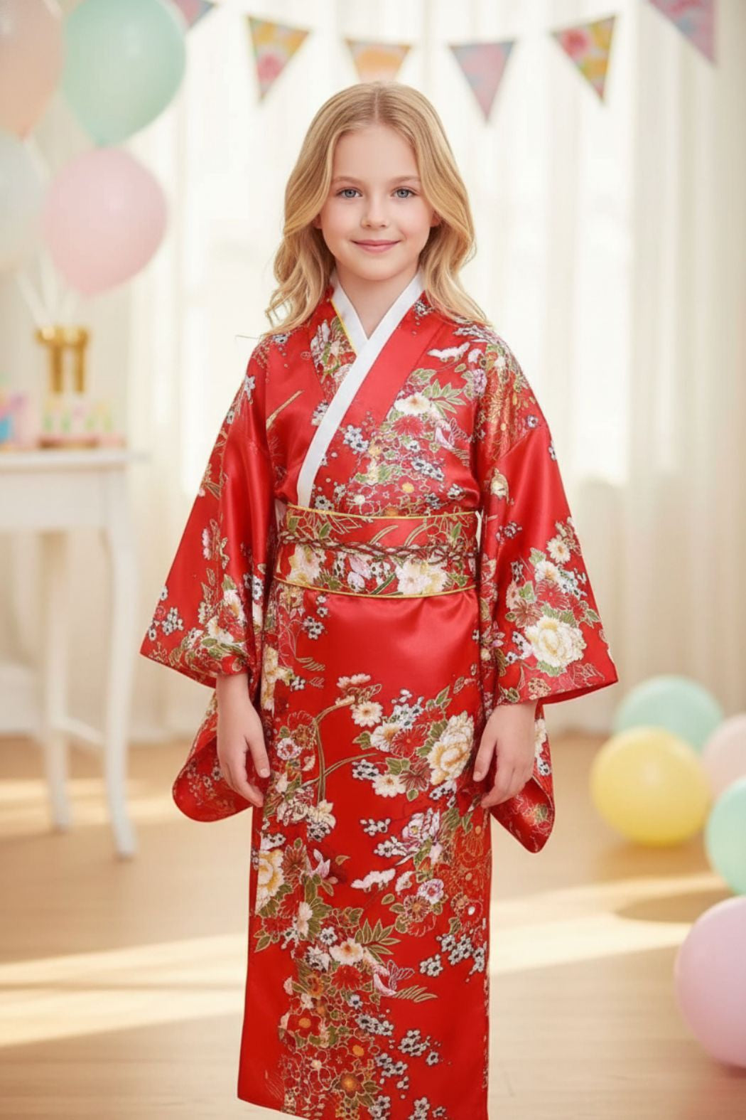 Fille en kimono rouge vif orné de motifs floraux, posant avec élégance à une fête d'anniversaire