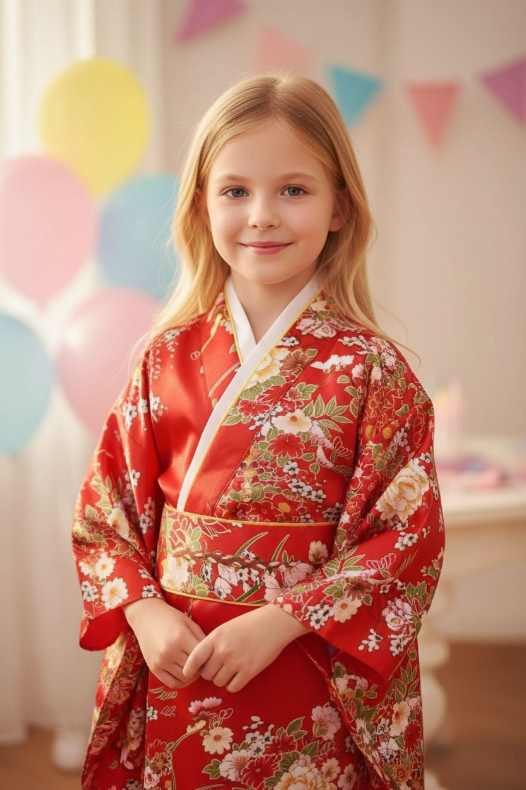 Fille en kimono rouge vif orné de motifs floraux, posant avec élégance à une fête d'anniversaire