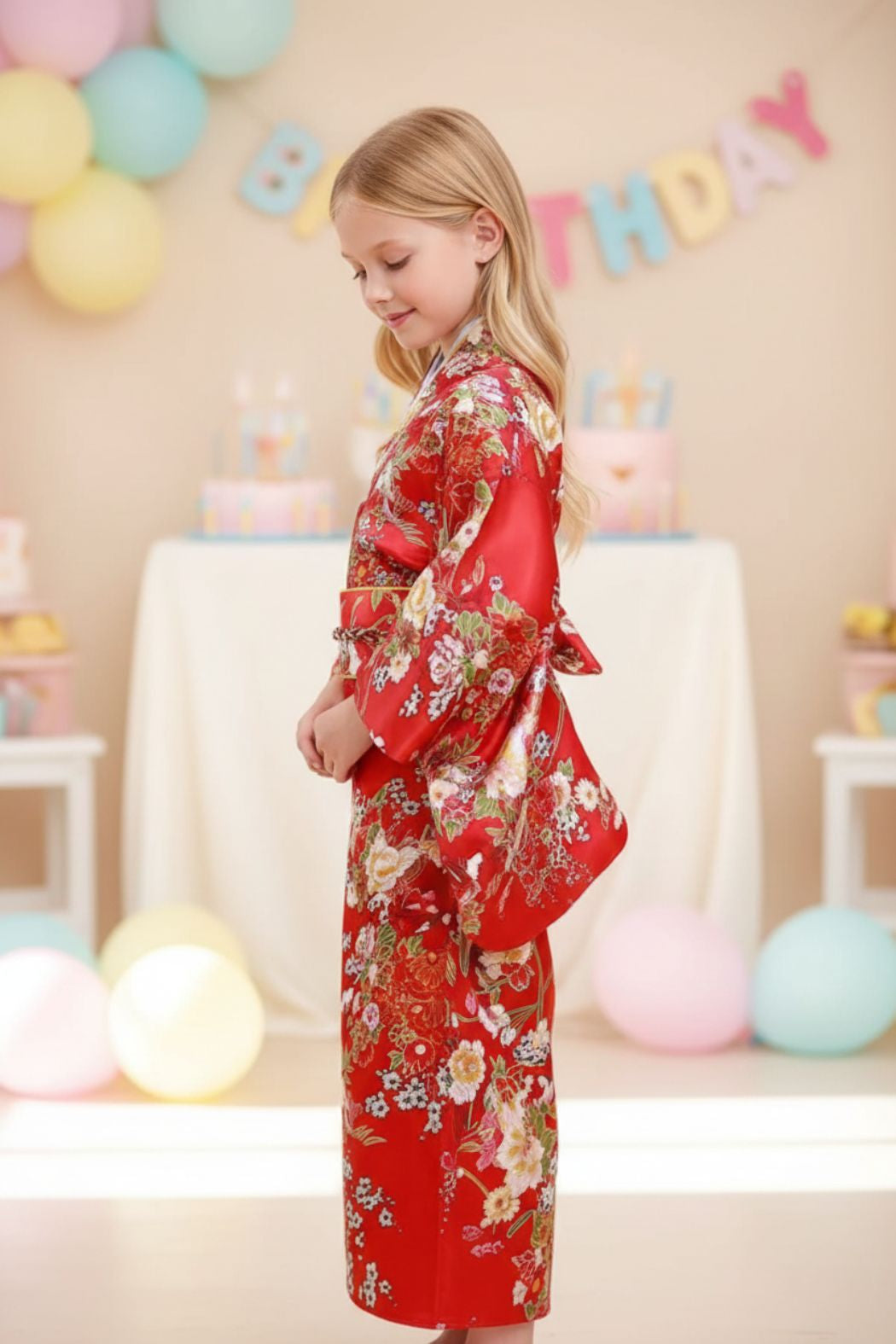 Fillette en kimono rouge orné de fleurs, se tenant de profil à une fête d'anniversaire