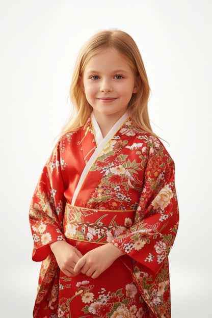 Fille en kimono rouge vif orné de motifs floraux, posant avec élégance sur fond neutre