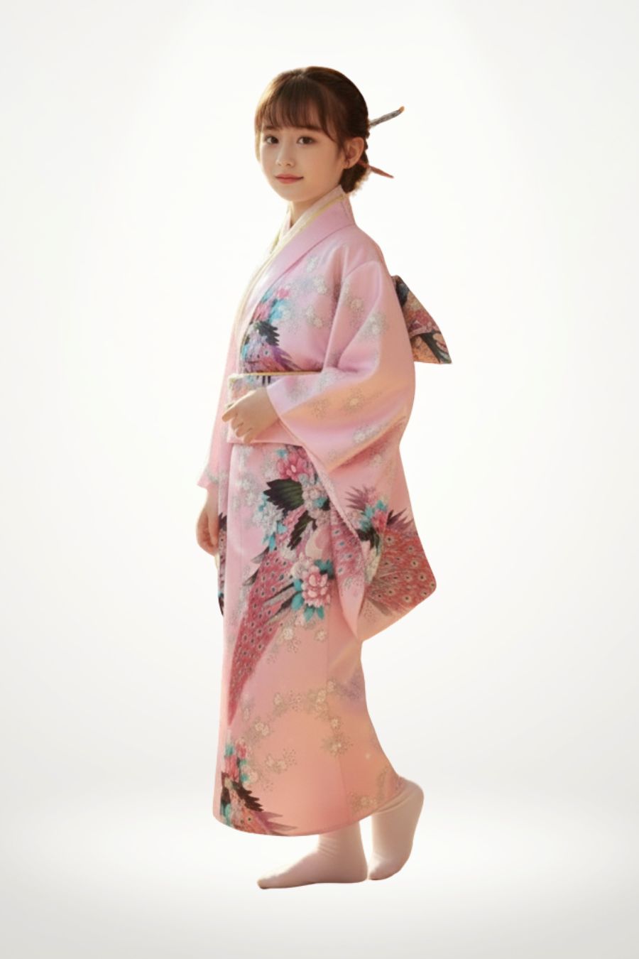 Une petite fille souriante porte un kimono rose orné de motifs floraux colorés et de manches larges