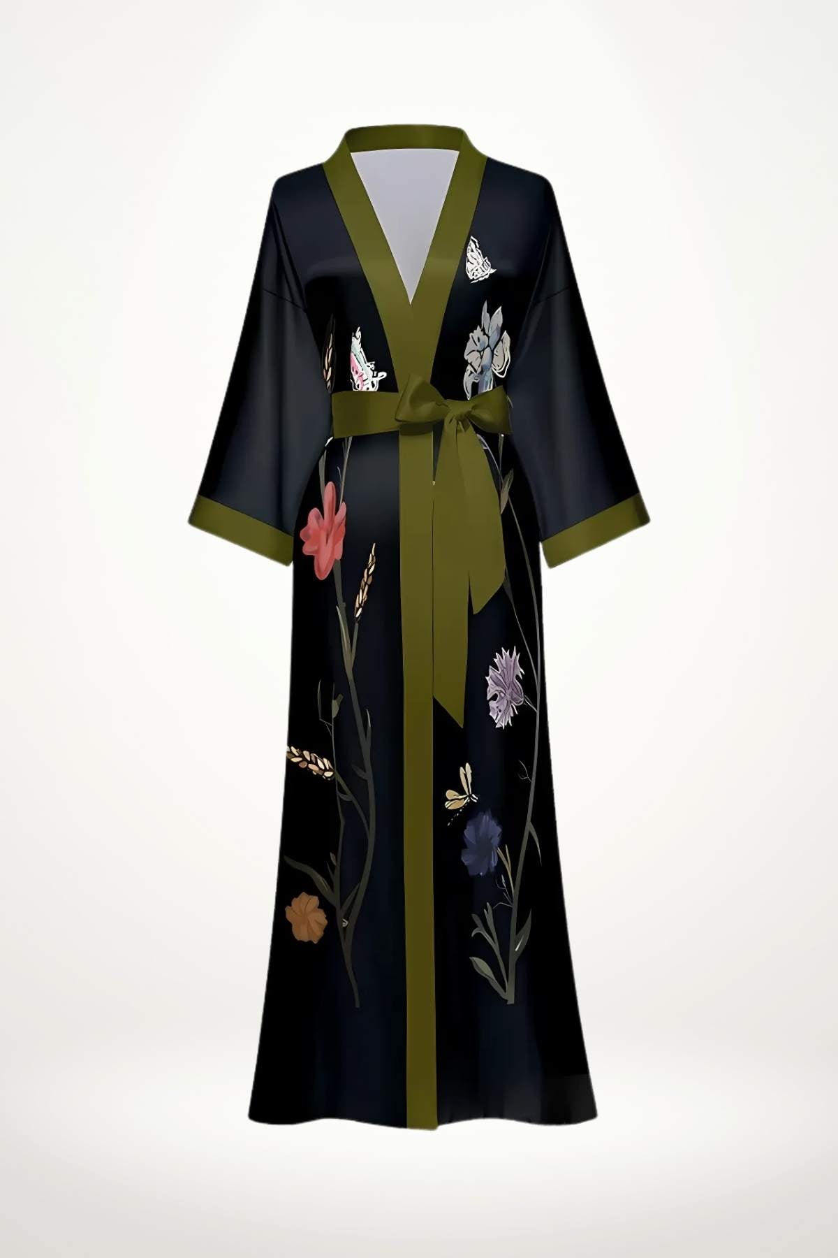 Kimono élégant à motif noir avec des fleurs colorées et une ceinture verte, sur fond neutre