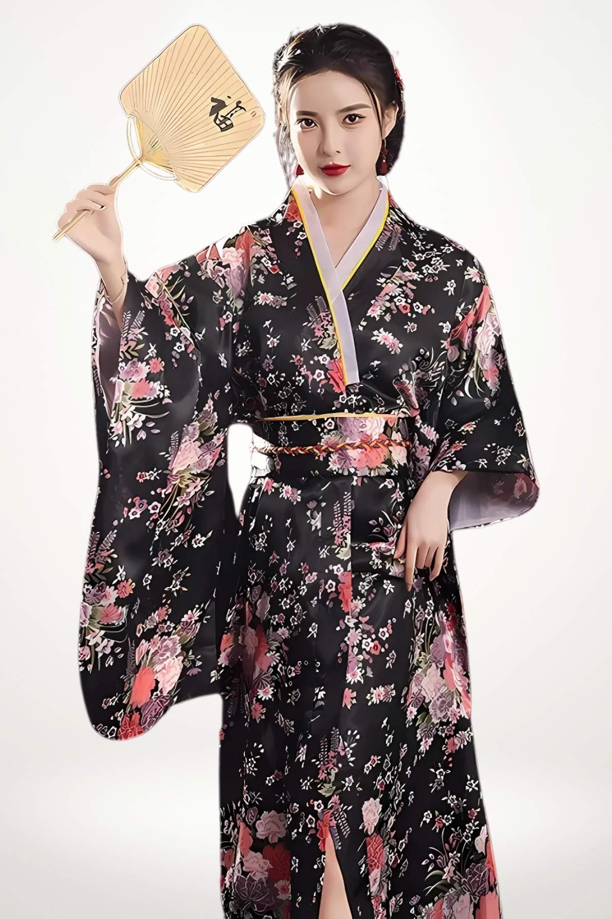 Femme en kimono noir à motifs floraux colorés, tenant un éventail en bois, sur fond blanc