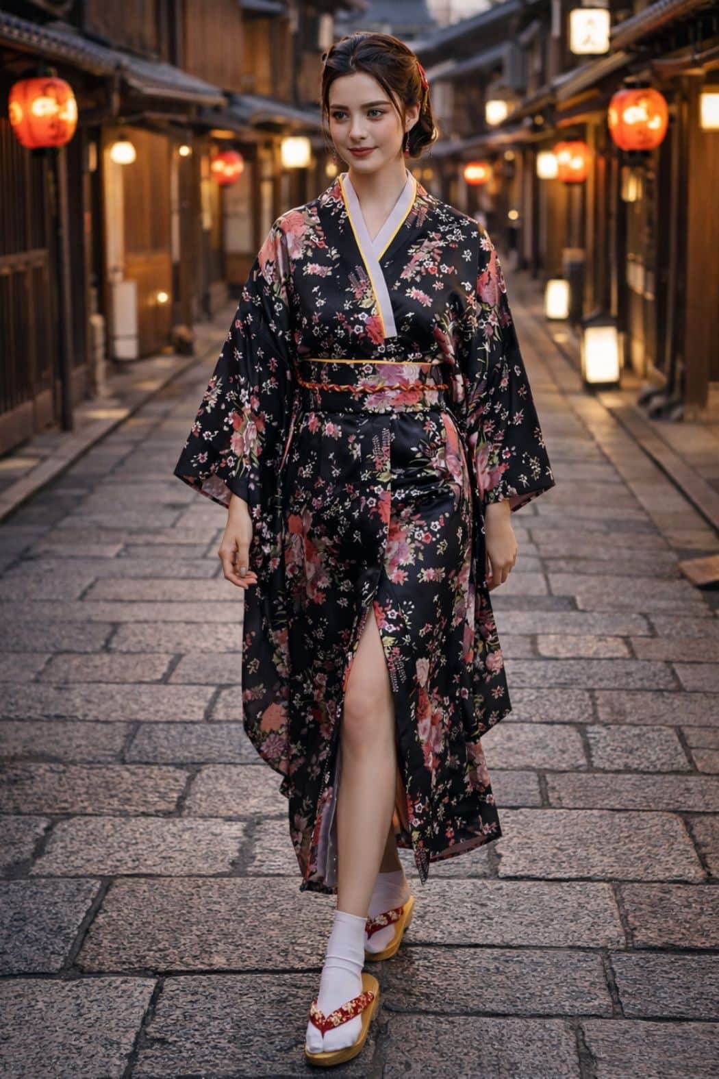 Femme en kimono noir à motifs floraux, marchant sur une rue pavée avec lanternes japonaises en arrière-plan