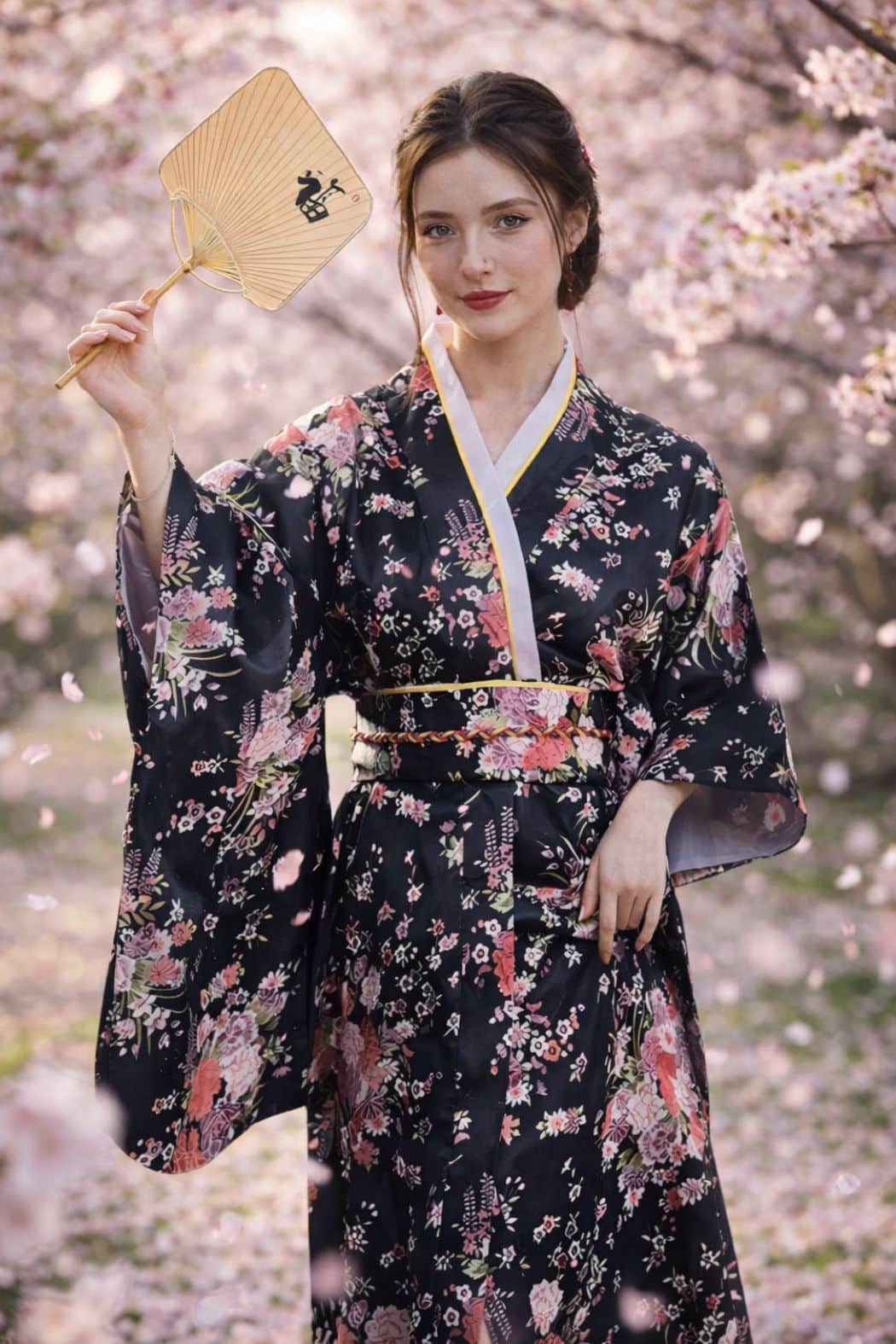Femme en kimono noir à motifs floraux, tenant un éventail, entourée de cerisiers en fleurs