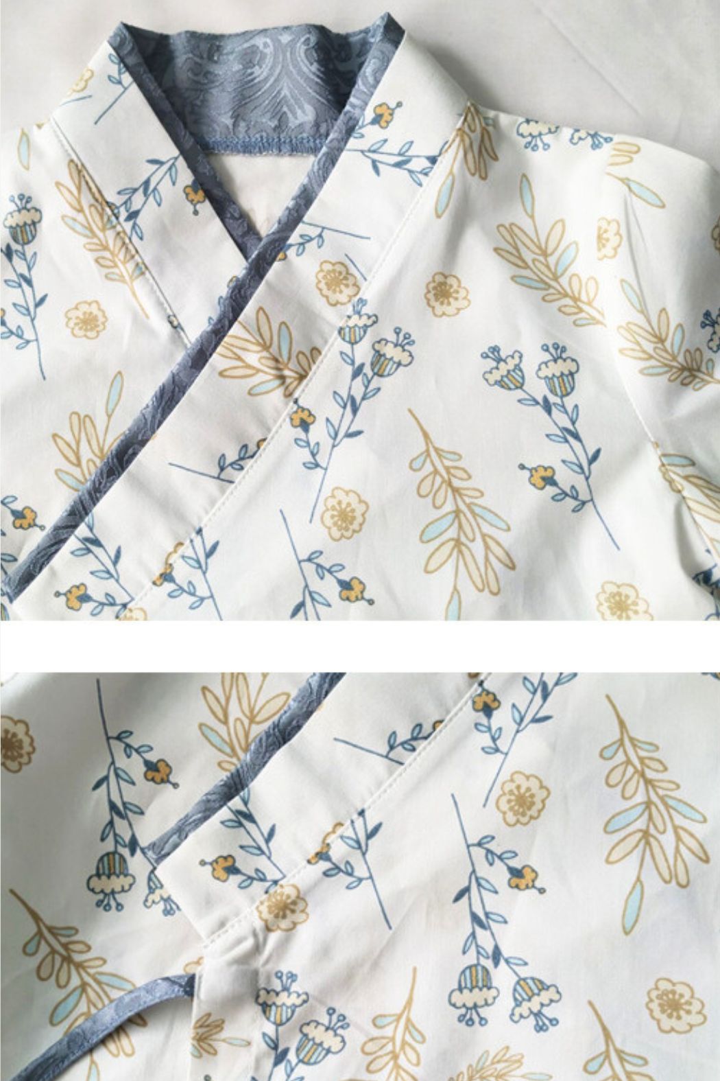 Haori pour bébé fille en bleu gris avec motifs floraux délicats sur fond blanc, élégant et raffiné