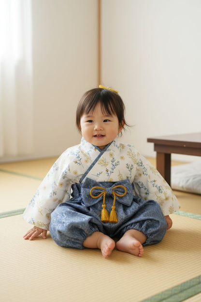 Une petite fille souriante porte un haori bleu gris avec des motifs floraux, assise sur un tatami