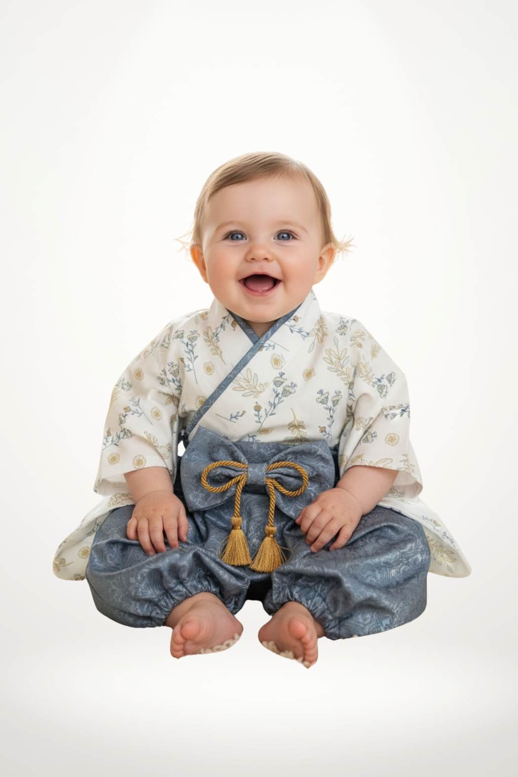 Un bébé souriant porte un kimono blanc à motifs floraux et un pantalon bleu acier avec un nœud doré