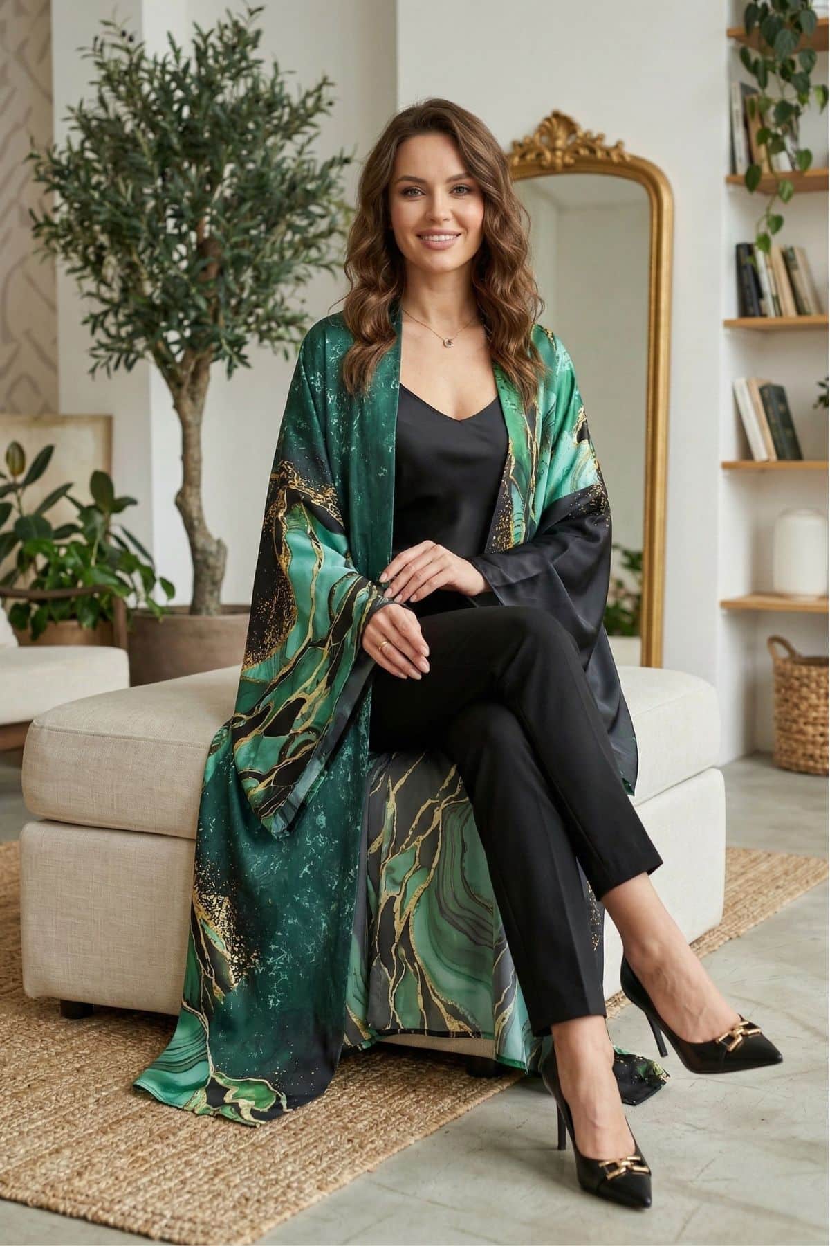 Femme souriante portant un kimono vert aux motifs dorés, assise sur un canapé dans un décor moderne