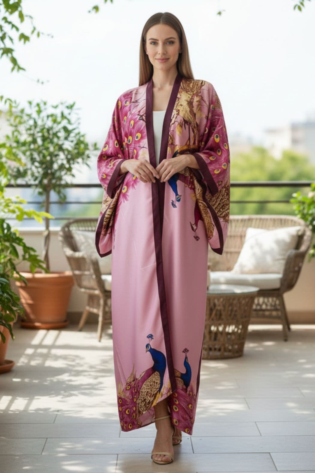 Femme souriante en kimono rose avec motifs de paons, debout sur un balcon entouré de plantes