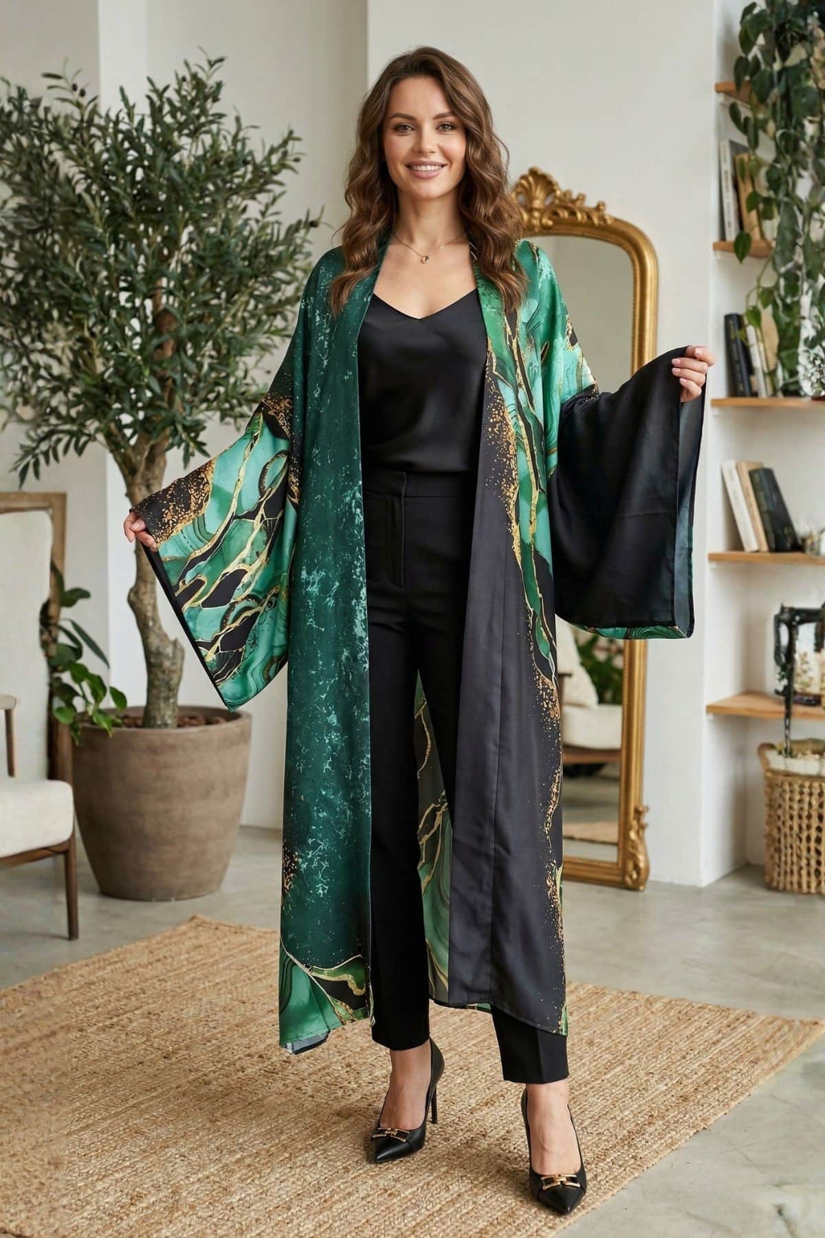 Femme souriante portant un kimono vert et noir, dans un décor moderne avec des plantes et un miroir doré