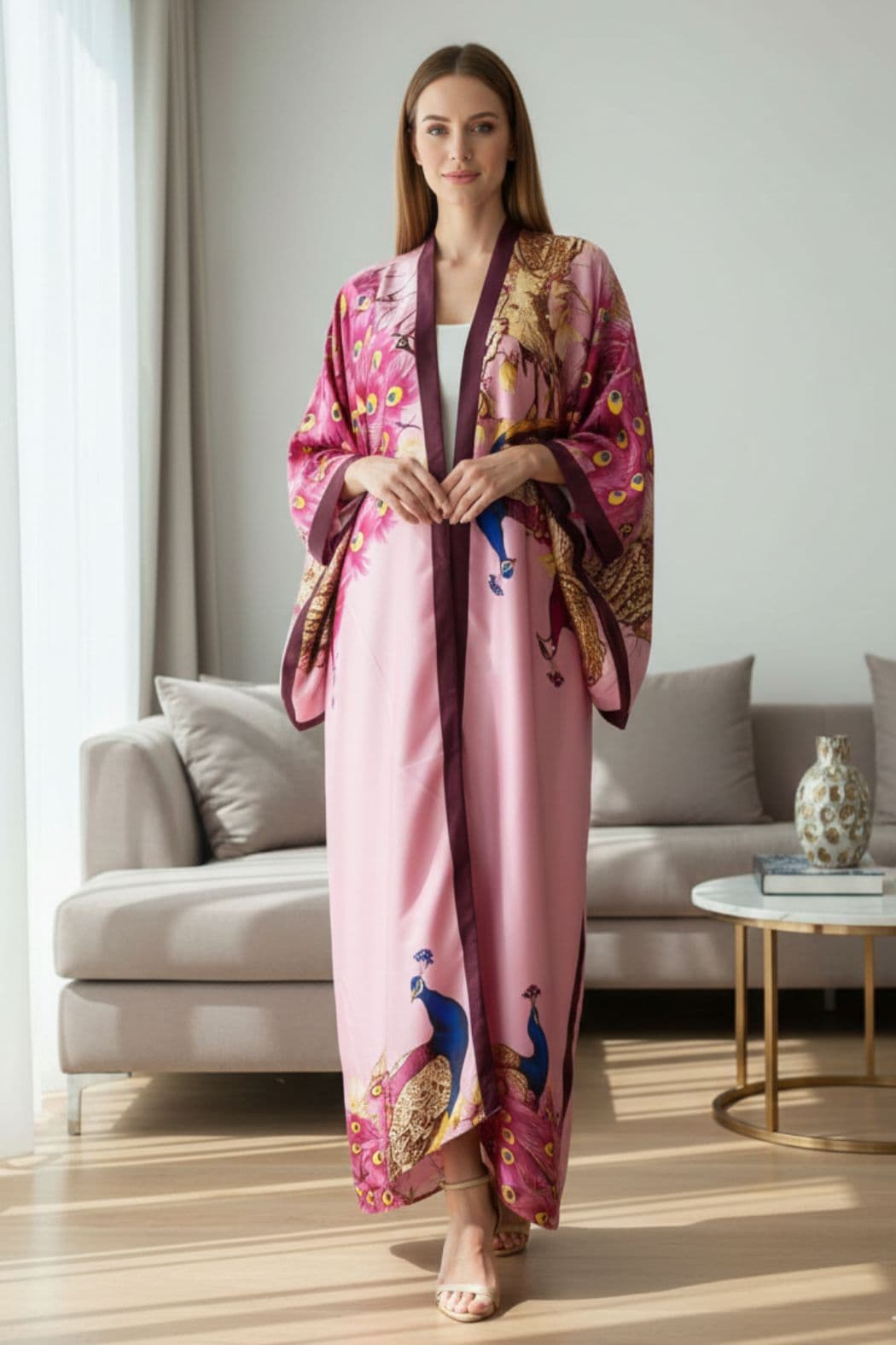 Femme en kimono rose avec motifs de paons, posant élégamment dans un intérieur moderne et lumineux