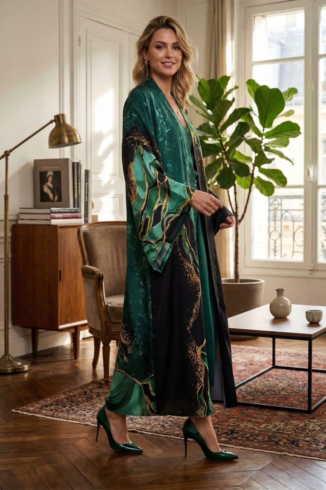 Femme souriante en kimono vert et noir, posant dans un intérieur élégant avec plantes et mobilier vintage
