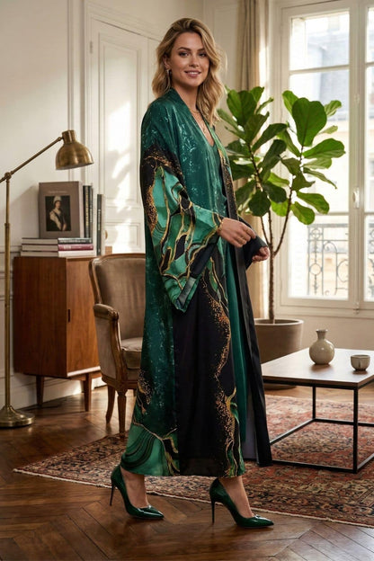 Femme souriante en kimono vert et noir, posant dans un intérieur élégant avec plantes et mobilier vintage