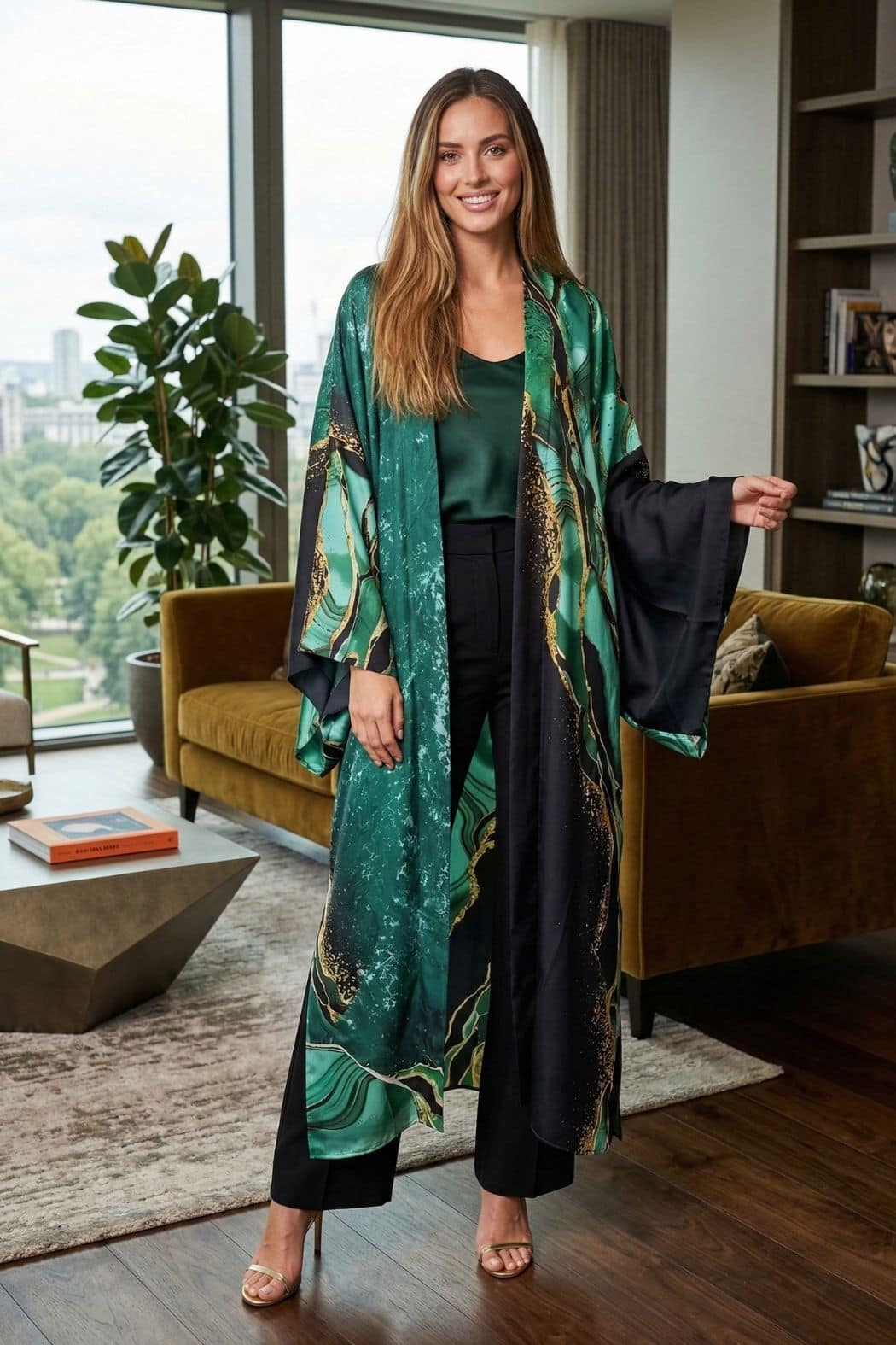 Femme souriante portant un kimono vert et noir avec des motifs dorés, dans un décor moderne et élégant