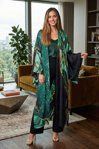 Femme souriante portant un kimono vert et noir avec des motifs dorés, dans un décor moderne et élégant