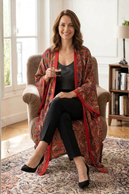 Femme souriante portant un kimono rouge à motifs paisley, assise sur un fauteuil dans un décor lumineux
