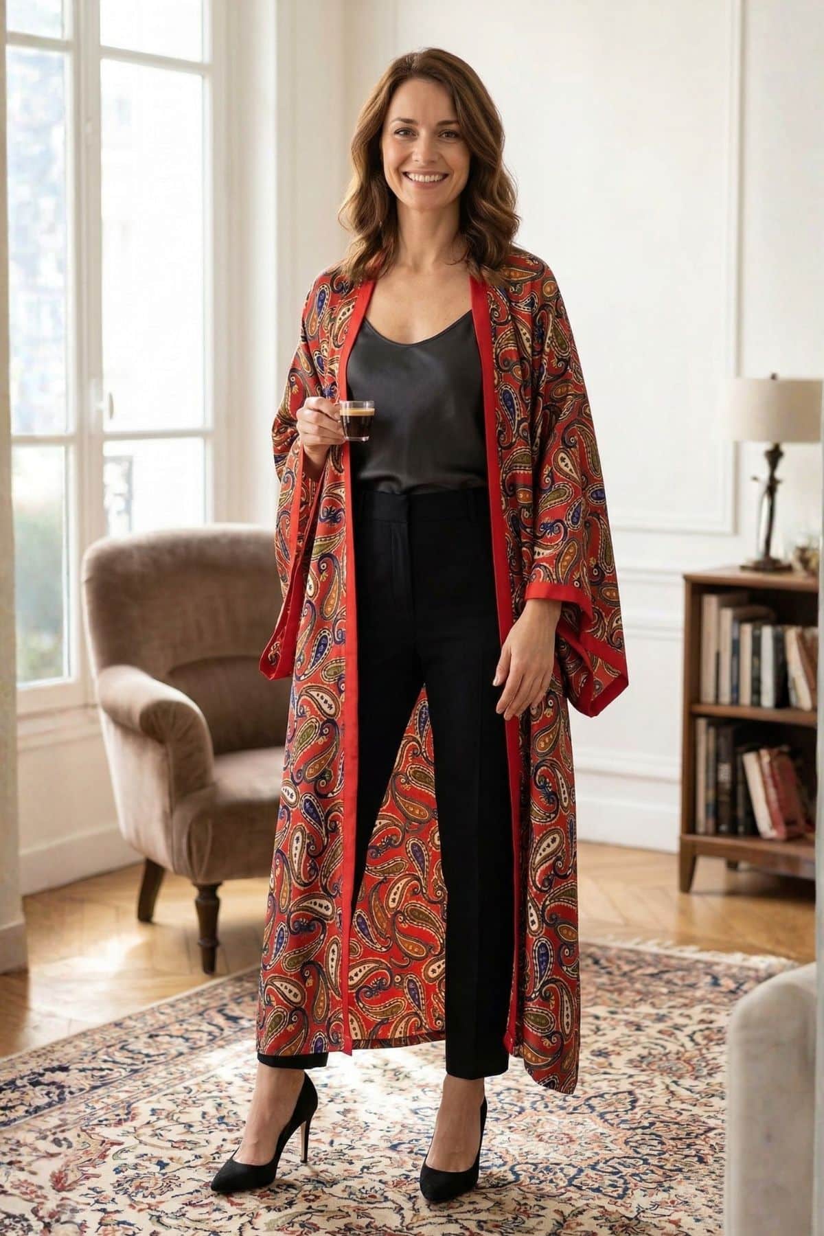 Femme souriante en kimono rouge à motifs paisley, tenant une tasse, dans un décor élégant et lumineux