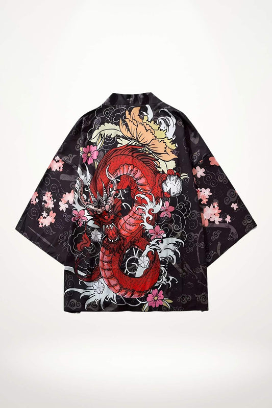 Kimono court japonais femme motif dragon rouge et fleurs de cerisier sur fond noir
