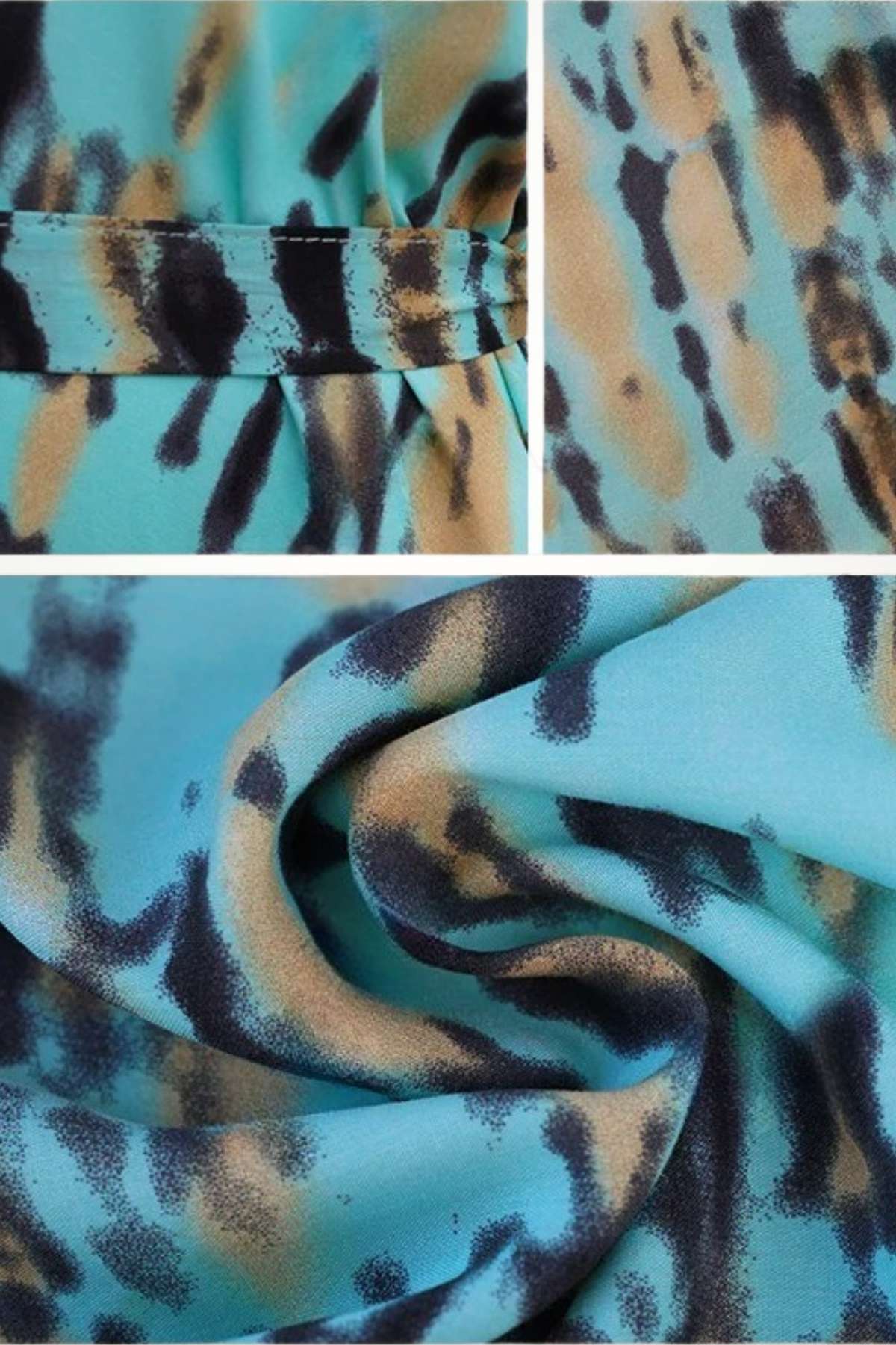 Tissu de kimono de plage en bleu turquoise avec motifs tachetés marron et noir, offrant une texture fluide et légère