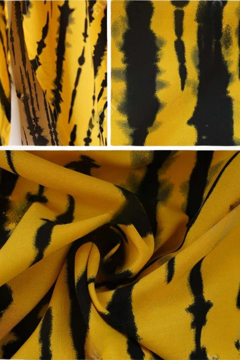 Tissu de kimono de plage jaune vif avec des motifs noirs en stries, offrant un style aérien et envoûtant