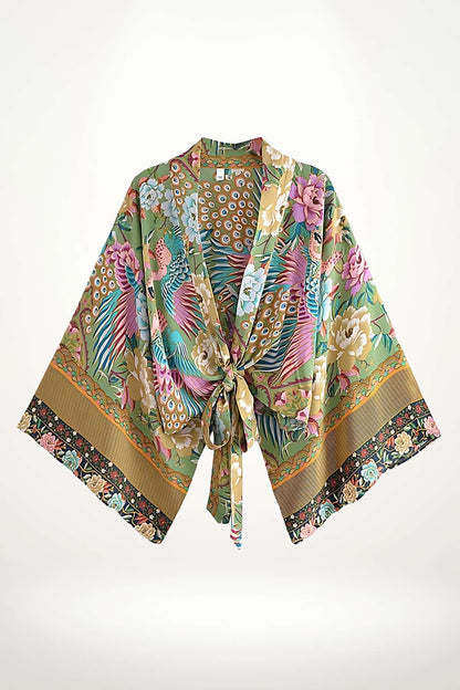 kimono femme court en coton à nouer, imprimé floral et paon multicolore vert jaune rose style bohème chic