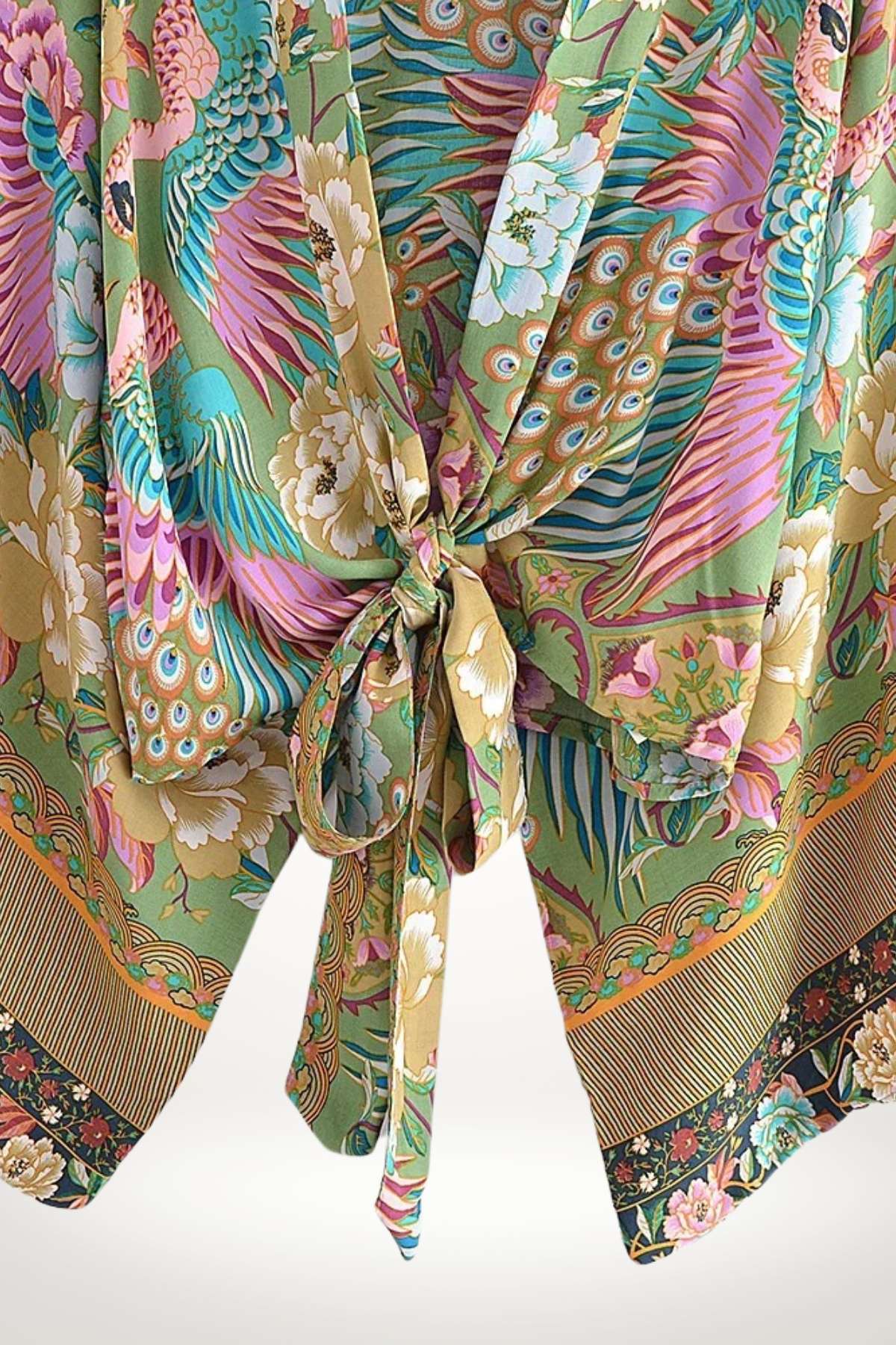 kimono femme court en coton à nouer, imprimé floral et paon multicolore vert jaune rose style bohème chic