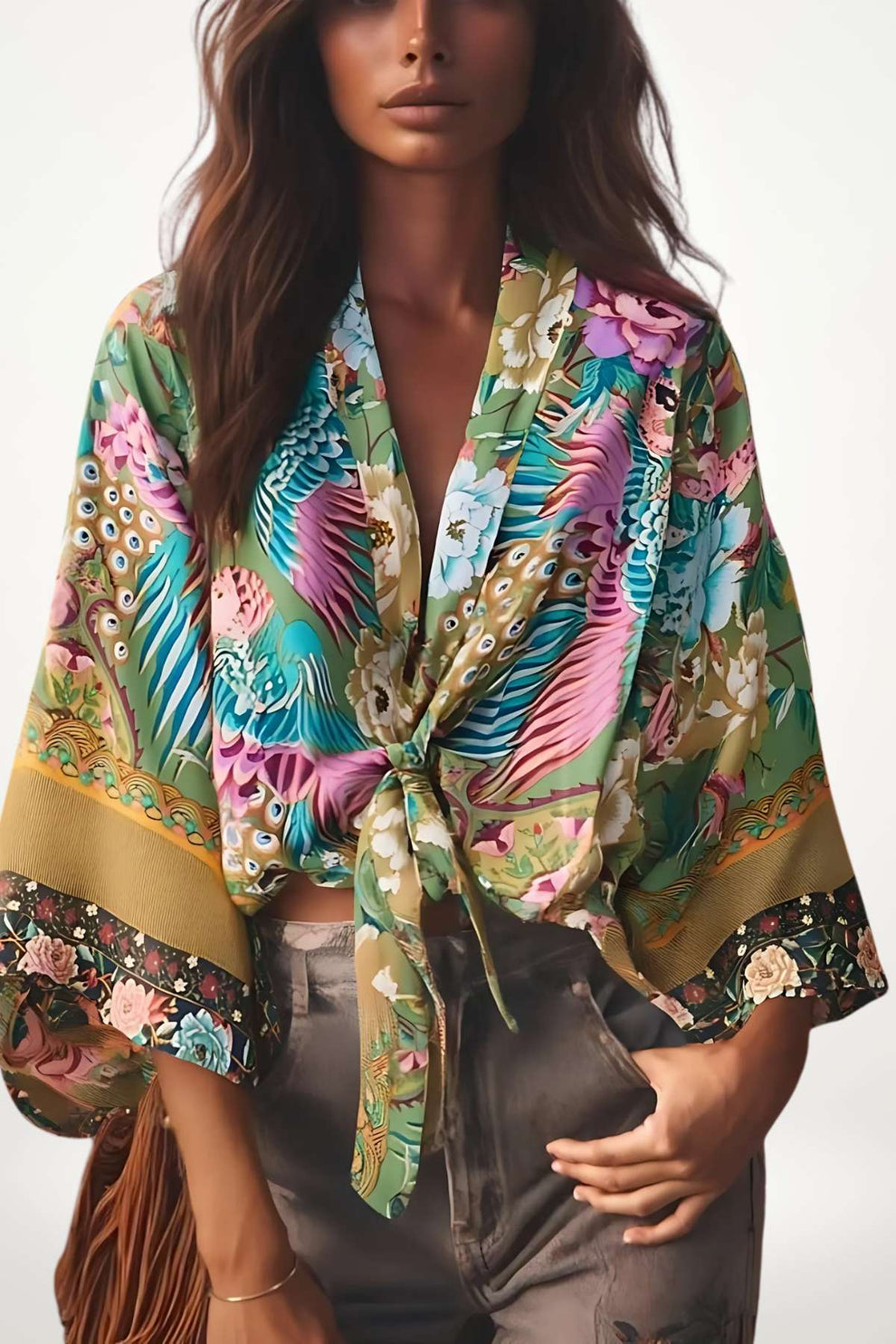 kimono court vert sauge à motifs plumes de paon et pivoines, noué à la taille